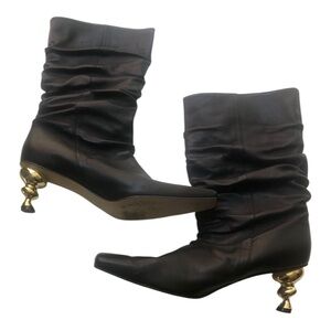 Black Leather Boots with Gold Heels